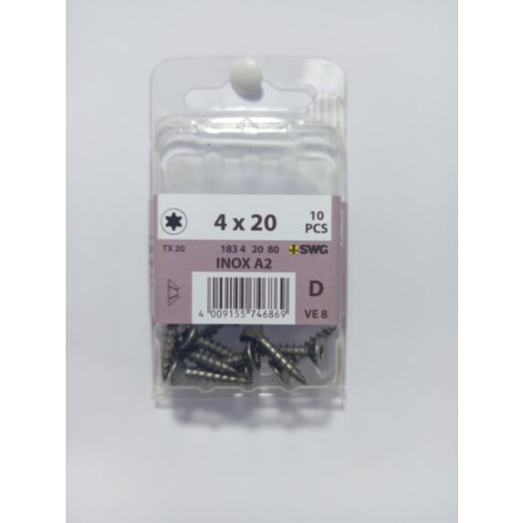 Vis bois et panneaux, tête fraisée, TX, 4 x 20, filetage total, acier inoxydable A2