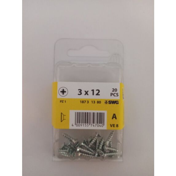 Vis pour charnière, tête fraisée, PZ, 3 x 12, filetage total, acier zingué