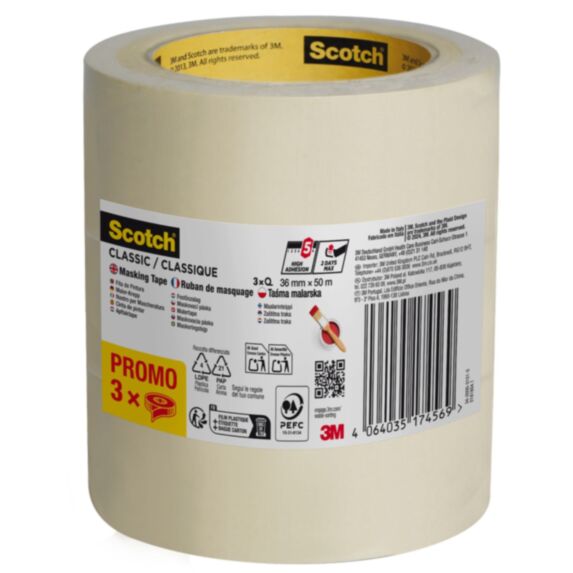 Adhésif de masquage 36mmx50m lot de 3 rouleaux - 3M SCOTCH