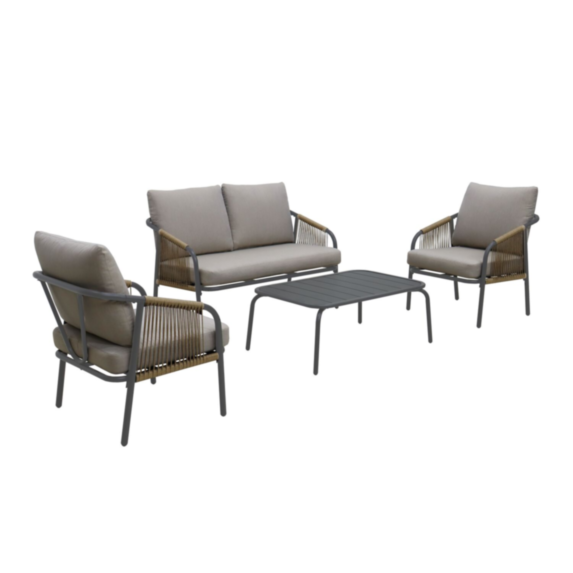 Salon de jardin bas 4 pers. Bora métal gris + coussins beiges
