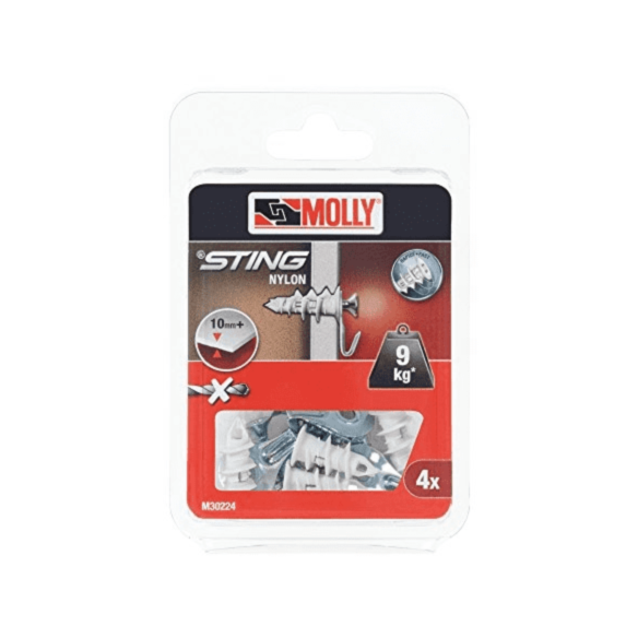 4 Chevilles auto foreuses Nylon avec crochet Tableau/Vis M30224 MOLLY
