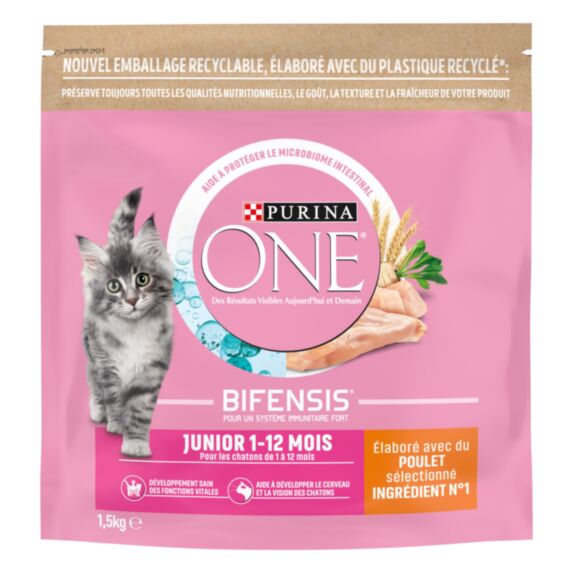 Croquettes PURINA ONE Junior de 1 à 12 mois au Poulet et aux Céréales Complètes 1,5 KG pour chaton