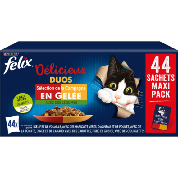 44 Sachets Délicieux Duos en Gelée Campagne Légumes chat 85g - FELIX