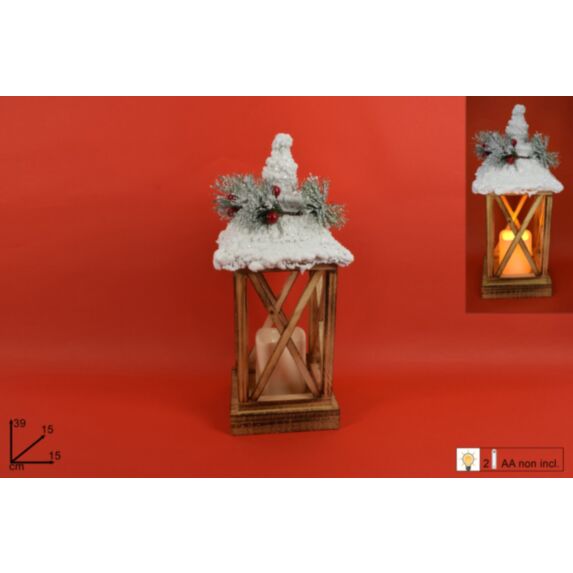 Lanterne bois + bougie - à piles - 39cm