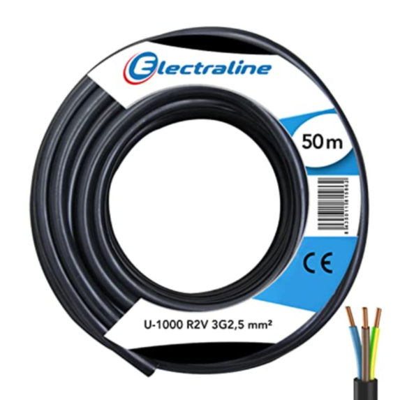 Câble électrique U-1000 R2V 3G2,5mm² Noir 50m - ELECTRALINE