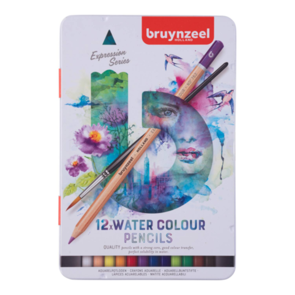 12 Crayons à aquarelle Expression + boîte métallique - BRUYNZEEL