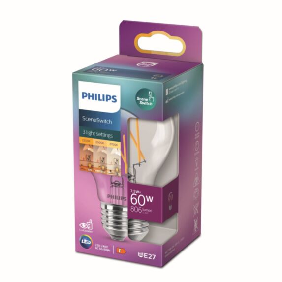 Ampoule filament touch E27 standard transparent 60W blanc chaud - PHILIPS