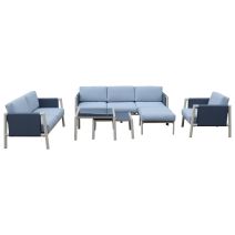 Salon de jardin OSKAR en aluminium imitation bois avec coussins coloris gris - 6 places 