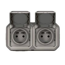 Double prise de courant horizontale avec volet Plexo complet saillie gris 16A - LEGRAND