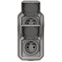 Double prise de courant verticale avec volet Plexo complet saillie gris 16A - LEGRAND