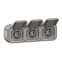 Triple prise de courant horizontale avec volet Plexo saillie gris