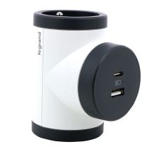 Fiche Rotative 2 prises 2P+T Latérales 16A 230V 3680W USB A+C Blanc/Noir