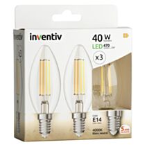 3 ampoules Filament LED Flamme Transparent E14 470Lm 40W 4000K Blanc neutre - INVENTIV