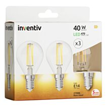 3 ampoules Filament LED P45 Transparent E14 470Lm 40W 2700K Blanc chaud - INVENTIV