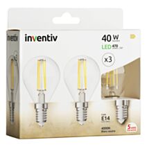 3 ampoules Filament LED P45 Transparent E14 470lm 40W 4000K Blanc neutre - INVENTIV