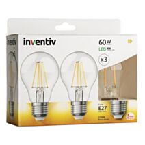 3 ampoules Filament LED A60 Transparent E27 806lm 60W 2700K Blanc chaud - INVENTIV