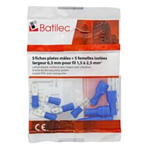 Lot de 10 fiches plates 5 femelles isolées + 5 mâles bleu - BATILEC