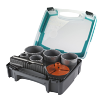 Coffret trépans : inclus : 5 lames de scie ø33, 53, 68, 73, 83 mm, 1 embase et 1 foret centreur - WOLFCRAFT