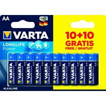 20 Piles Alcalines Très longue durée AA/LR6 dont 10 gratuites - VARTA