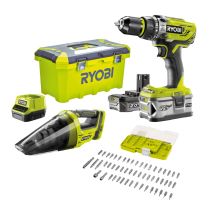 Perceuse à percussion RYOBI 18V 4Ah + 2Ah + aspirateur + coffret 55 accessoires