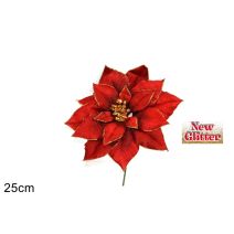 Rose de Noël tige rouge tissu 25cm