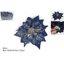 Rose de Noël Bleu 25cm en Tissu + Pince