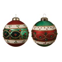 Boule verre décoré rouge/vert 8cm
