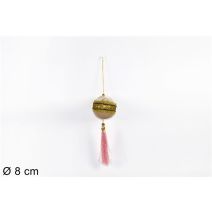 Boule de Noël en Velours à Suspendre Beige/Or + Pompon Rose ∅8cm