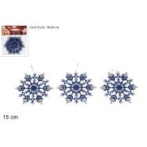 3 Flocons à Suspendre Bleu Argent Pailletés 15cm