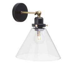 Applique murale brilliant ronald 30w noir et laiton, verre transparent