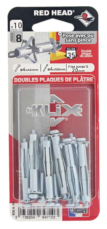 10 Chevilles Klix Métalliques Ø4x46mm + Vis TR Ø4x50mm - RED HEAD