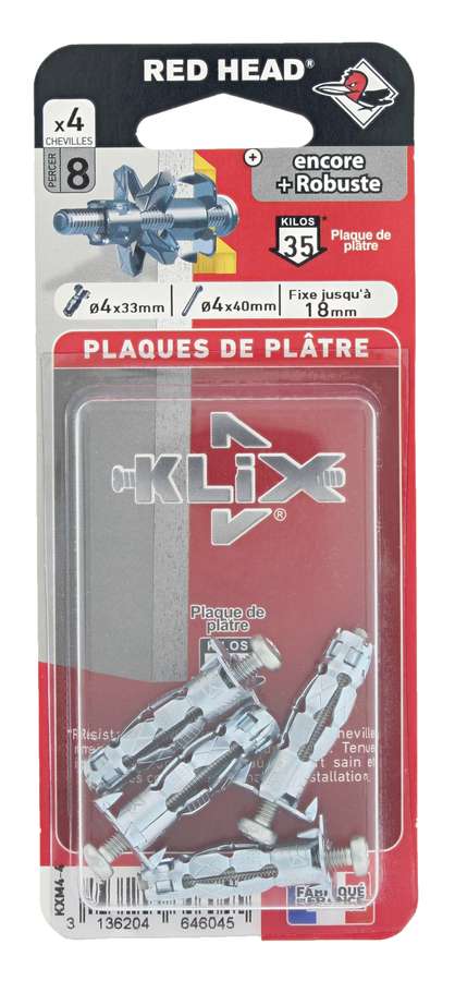 4 Chevilles Klix Métalliques Ø4x33mm + Vis TR Ø4x40mm - RED HEAD