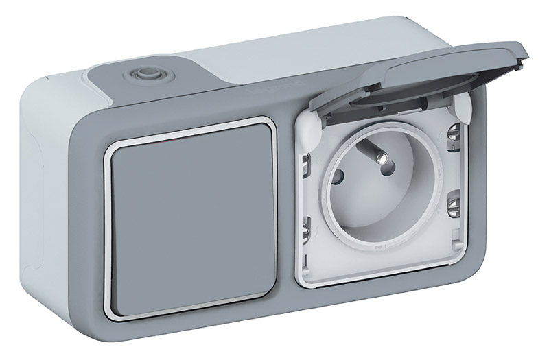 Interrupteur + prise avec terre plexo apparent vertical - LEGRAND