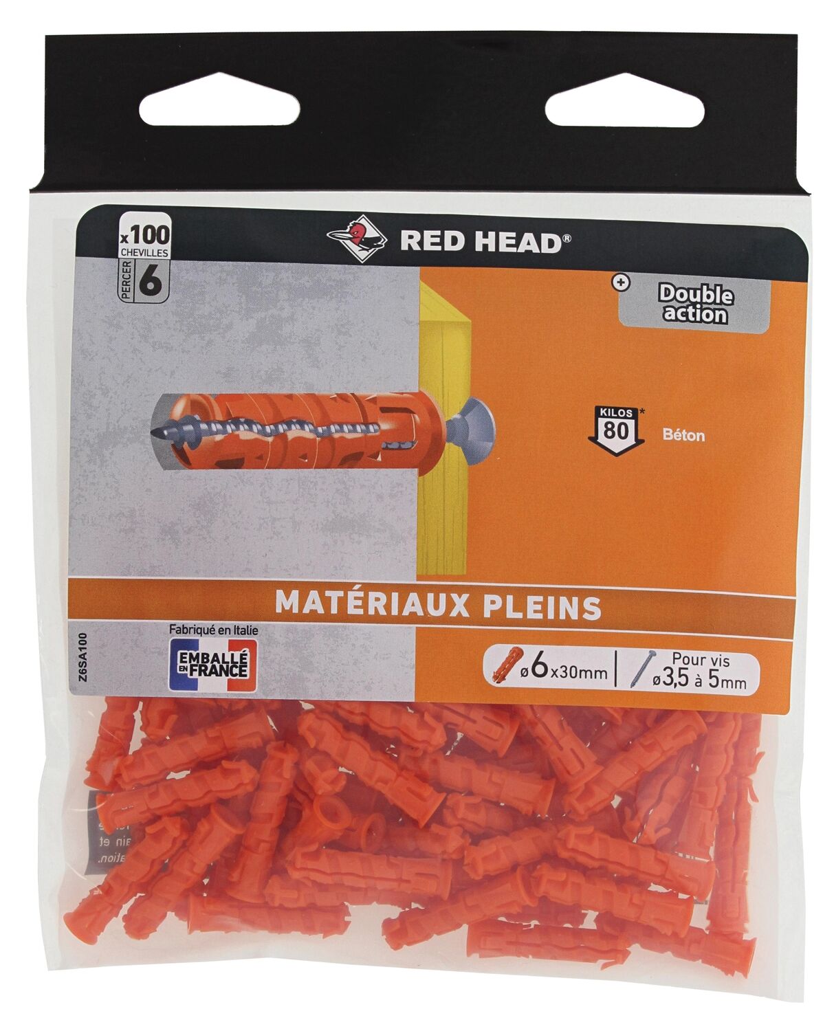 100 Chevilles Ztech Matériaux Pleins Ø6x30mm - RED HEAD